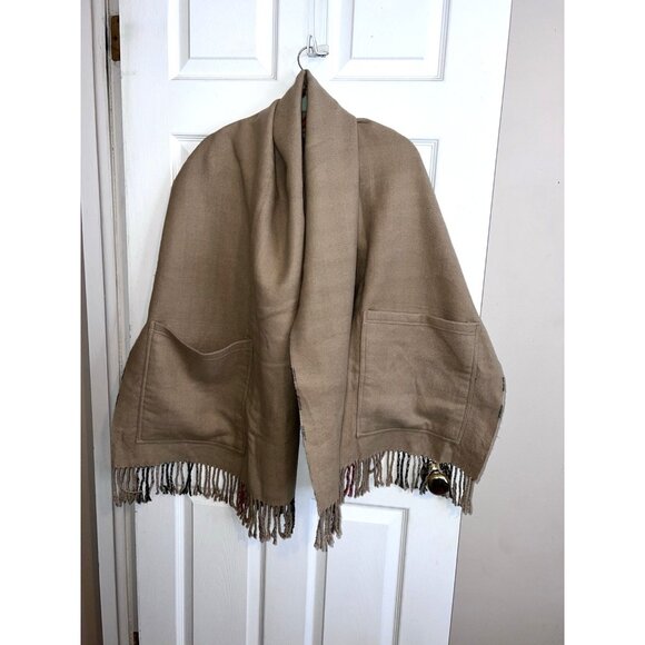SIMONETTA Camel Plaid Reversible Front Pockets Fringe Convertible Scarf Shawl - Picture 1 of 7